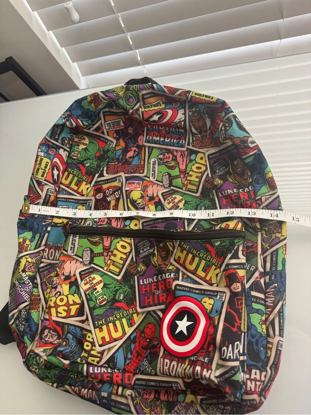 Marvel Multicolor Comic Collage Backpack with Captain America Shield Accent
